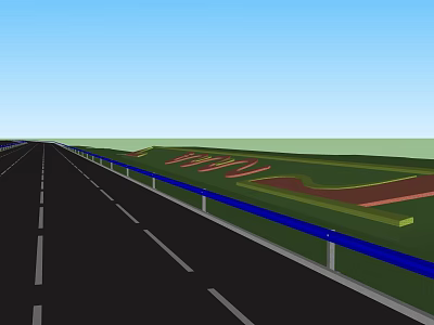 Wide Black Asphalt Road With White Dashed Lines Blue Guardrail Green Grass And Red Track 3d model