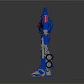 Blue Red Transformer Style Robot With Glowing Parts Holding Weapon In Standing Pose