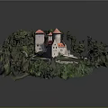 Miniature Castle Model with Red Towers Green Trees Grass and Curved Pathway