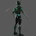 Futuristic Green And Black Armored Character With Neon Accents And Tech Details