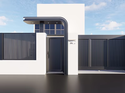 Modern Entrance Gate With White Wall Black Fence Canopy Porch And Windows 3d model