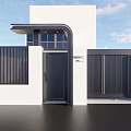Modern Entrance Gate With White Wall Black Fence Canopy Porch And Windows