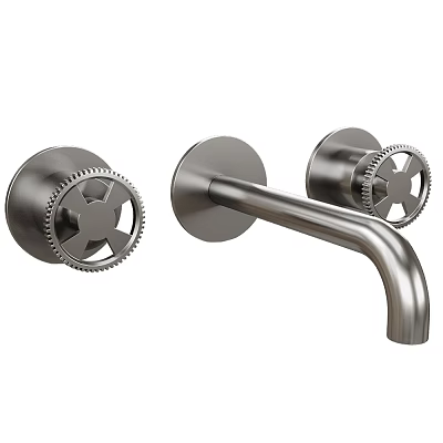 Modern Stainless Steel Wall Mounted Faucet With Gear Knobs And Curved Spout 3d model