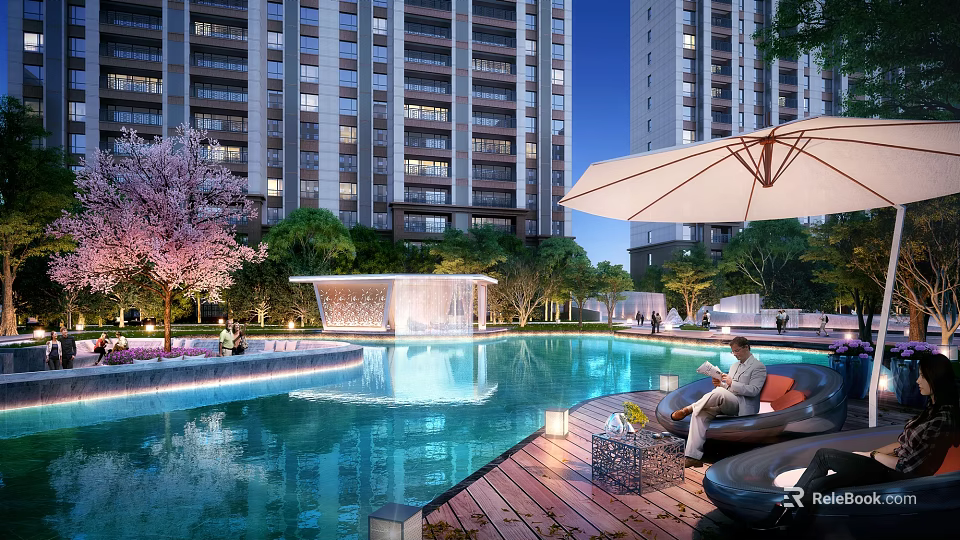 Elegant Pergola by Pool in Residential Area with Cherry Blossom Trees and Evening Lights 3d model 