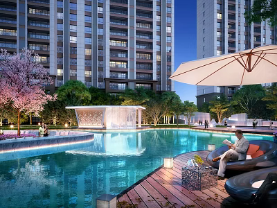 Elegant Pergola by Pool in Residential Area with Cherry Blossom Trees and Evening Lights 3d model