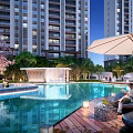 Elegant Pergola by Pool in Residential Area with Cherry Blossom Trees and Evening Lights