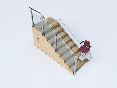 Public Facility Accessible Staircase With Wooden Steps Glass Railings And Red Stair Lift 3d model