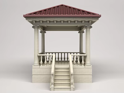 Classic Stone Gazebo Structure With Red Tiled Roof White Columns Balustrade And Steps 3d model
