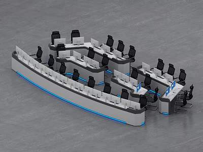 Modern Office Workstation Layout With Curved Desks Black Chairs And Monitors 3d model