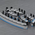 Modern Office Workstation Layout With Curved Desks Black Chairs And Monitors