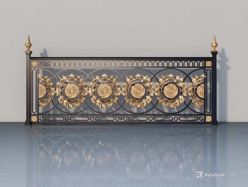 Ornate Black and Gold Hinged Door with Intricate Decorative Patterns and Reflection 3d model 