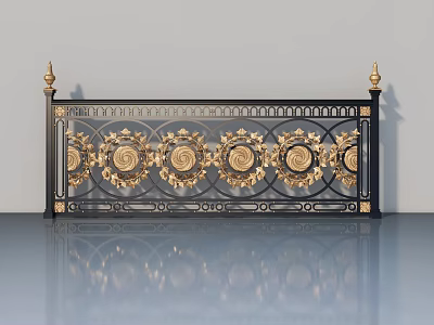 Ornate Black and Gold Hinged Door with Intricate Decorative Patterns and Reflection 3d model