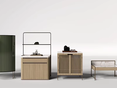 Minimalist Storage Cabinet Shelf With Wooden Body Metal Frame And Open Shelves 3d model