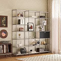 Modern Metal Multi Tiered Shelving Unit In Living Room With Books Decorations And Photo Frame