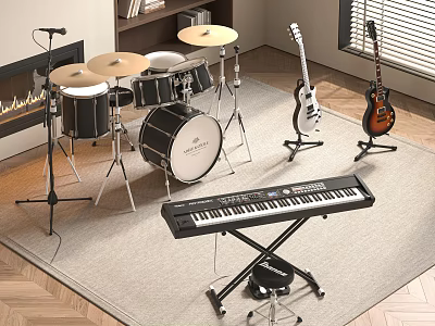 Musical Instruments Collection Including Drum Set Keyboards Guitars and Microphone in Living Room 3d model