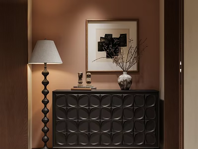 Modern Entryway Console Table Design With Decorative Vase Floor Lamp And Wall Art 3d model
