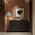 Modern Entryway Console Table Design With Decorative Vase Floor Lamp And Wall Art