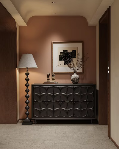 Modern Entryway Console Table Design With Decorative Vase Floor Lamp And Wall Art 3d model