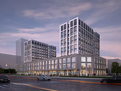 Modern Multi Storey Office Building Exterior With Glass Curtain Walls And Street View At Sunset 3d model