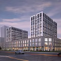 Modern Multi Storey Office Building Exterior With Glass Curtain Walls And Street View At Sunset