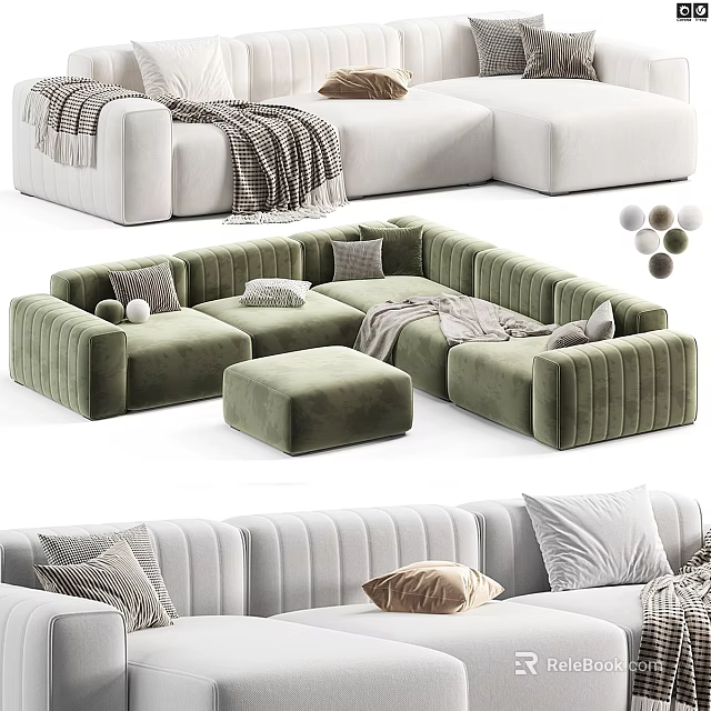 Cozy Modern Green And White Velvet Sectional Sofa With Pillows And Throw Blankets 3d model 