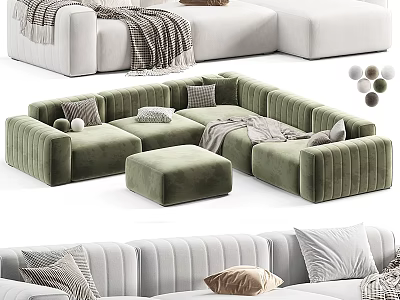 Cozy Modern Green And White Velvet Sectional Sofa With Pillows And Throw Blankets 3d model