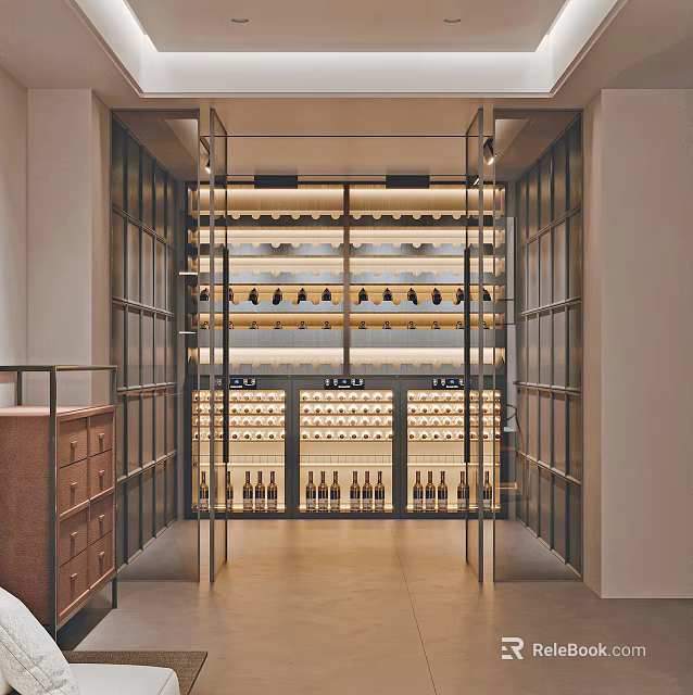 Elegant Wine Cellar Interior Design With Glass Door Metal Frame And Wine Bottles 3d model 