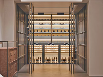 Elegant Wine Cellar Interior Design With Glass Door Metal Frame And Wine Bottles 3d model