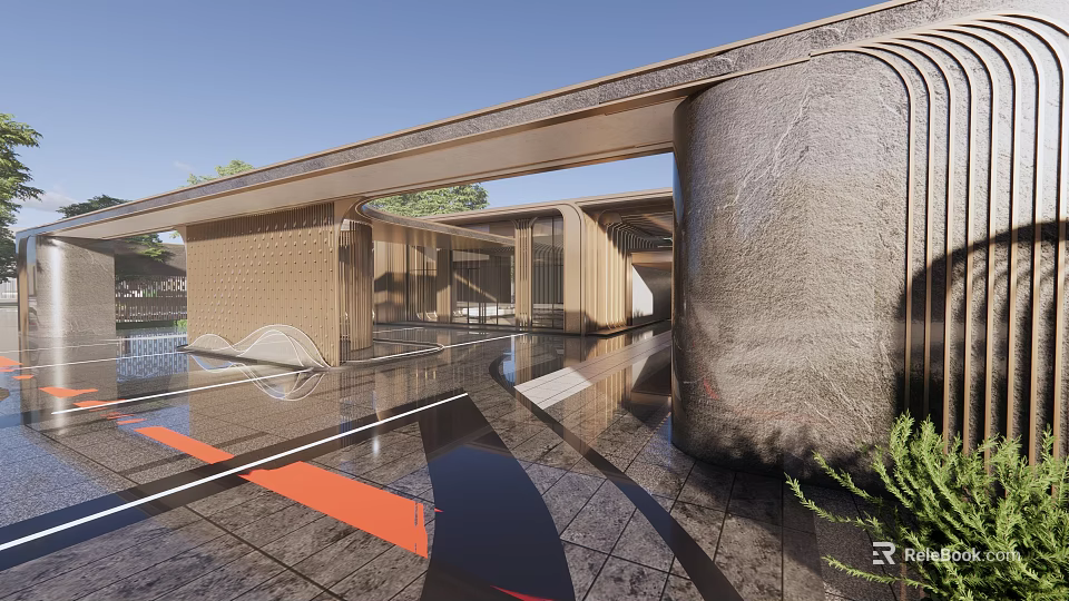 Modern Contemporary Architectural Exterior Featuring Stone Column Glass Walls And Reflective Pool 3d model 