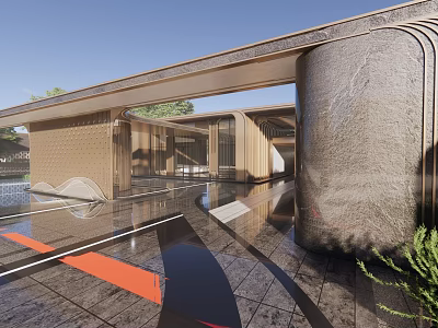 Modern Contemporary Architectural Exterior Featuring Stone Column Glass Walls And Reflective Pool 3d model