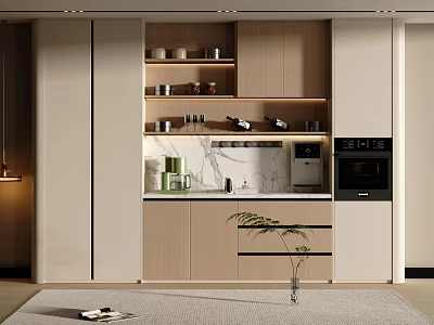 Modern Wine Cabinet With Wooden Cabinets Marble Countertop Wine Glasses Coffee Machine And Wine Bottles 3d model