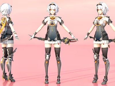 Game Movie Character Design With White Short Hair Mechanical Outfit Three Angles 3d model