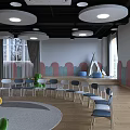 Kindergarten Classroom Interior With Round Lights Wooden Tables Shelves Digital Clock And Colorful Decor