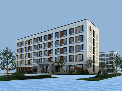 Modern School Building with Multiple Floors and Large Windows Surrounded by Lawn and Trees 3d model