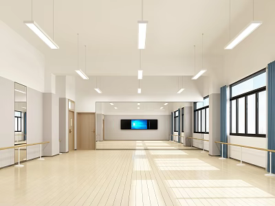 School Dance Studio With Spacious Bright Interior Wooden Floor Large Mirrors Ballet Barres And Screen 3d model