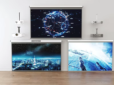 Modern Projection Monitoring Setup with Screens Showing Global Maps City Night Views and Tech Graphics 3d model