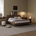 Double Bed with Wooden Frame and Bedside Artwork Table Lamp Soft Carpet in Modern Bedroom