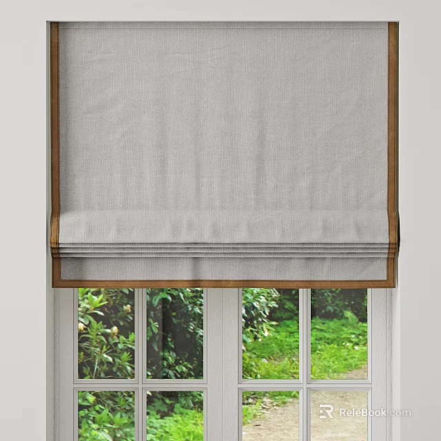 Gray Linen Roman Shades Installed On Window With Green Natural View 3d model 