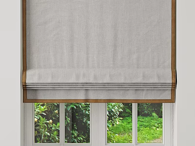 Gray Linen Roman Shades Installed On Window With Green Natural View 3d model