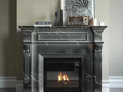 Elegant Marble Fireplace with Carved Details and Burning Flames and Decorative Items in Living Room 3d model