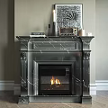 Elegant Marble Fireplace with Carved Details and Burning Flames and Decorative Items in Living Room