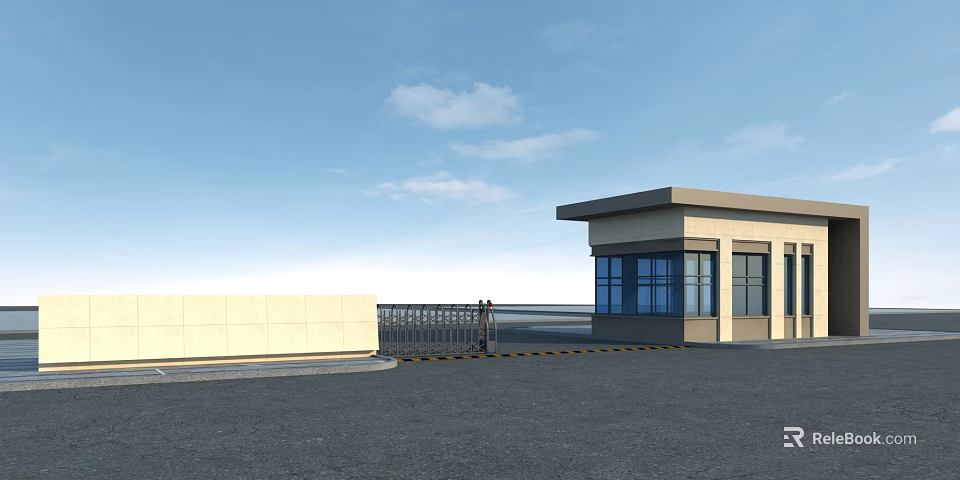 Outdoor Security Area With Guard House Gate Wall Parking Lot Under Blue Sky White Clouds 3d model 