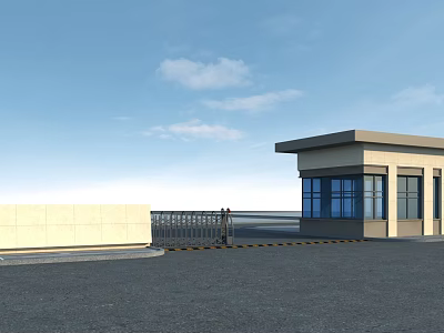 Outdoor Security Area With Guard House Gate Wall Parking Lot Under Blue Sky White Clouds 3d model