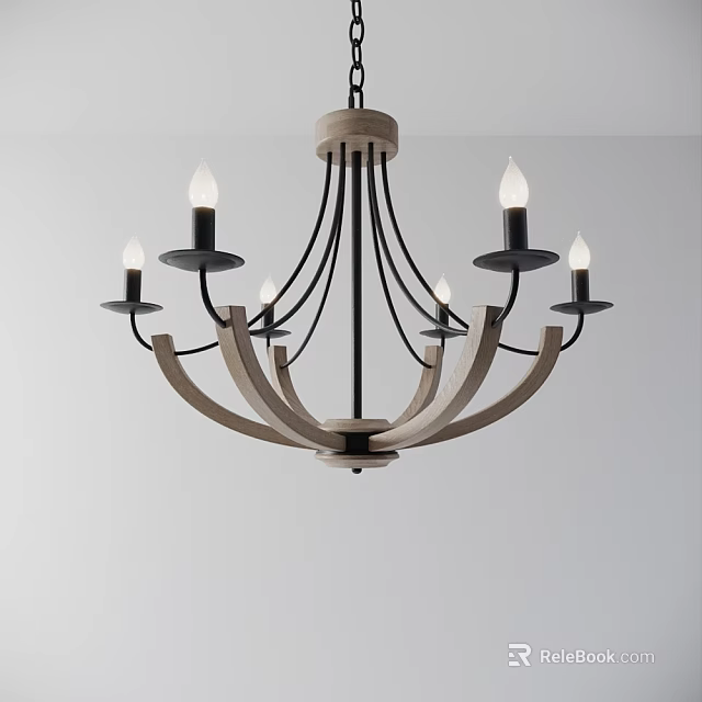 Modern Wooden And Metal Chandelier With Six Curved Arms And Candle Bulbs 3d model 