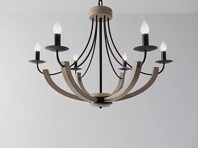 Modern Wooden And Metal Chandelier With Six Curved Arms And Candle Bulbs 3d model