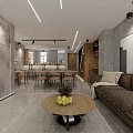 Modern Living and Dining Room Interior With Brown Sofa Round Coffee Table And Dining Set