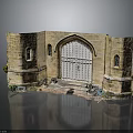 Medieval Castle Gate With Stone Walls Arched Entrance Wooden Door And Flanking Towers