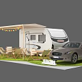 Camping Caravan Setup With Car Outdoor Tables Chairs Awning And Wave Signboards On Grass