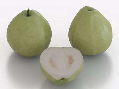 Fresh Green Guavas With Two Whole And One Sliced Showing Inner Flesh 3d model