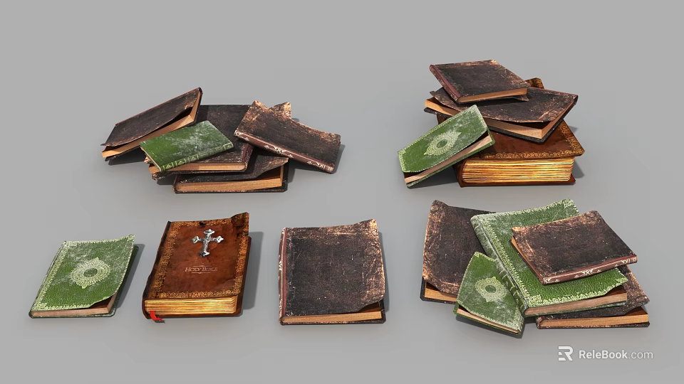 Vintage Stacked Books With Old Leather Covers And Cross Design Details Collection 3d model 